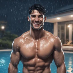 Hyper realistic extremely handsome muscular short black hair man smiling & standing between swimming pool in a heavy rainy night