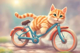 Fluffy tabby cat, adorable kitten, miniature bicycle, whimsical scene, playful concept, vibrant colors, detailed fur texture, charming expression, dynamic composition, cartoonish style, digital art, creative and imaginative, bright and lively palette, joyful atmosphere, skillful rendering, high resolution, skillful lighting to enhance cuteness.