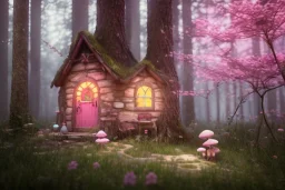 a cute fairy house pink and blue in the forest, spring time, mushrooms, 8k, flickering light, centered, high-quality, fine-detail, digital art, detailed matte, volumetric lighting, illustration, 3D octane render