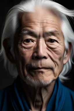 portrait of a japanese man with white hair and blue eyes
