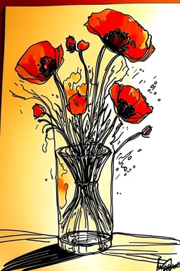 Sketchy sharp line wet watercolour of a vase of poppies