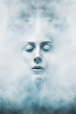 translucent female face barely visible from very dense white smoke and fog, translucent ghost-like face with lots of white hair, lots of fog in the background, surreal style