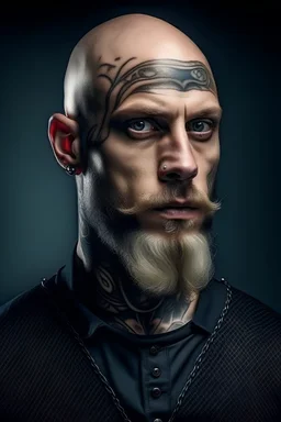Create a slav bald cop with tattoos on head. He is undercover with blonde beard