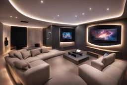 a dedicated home cinema room with LED ambient lighting in the walls