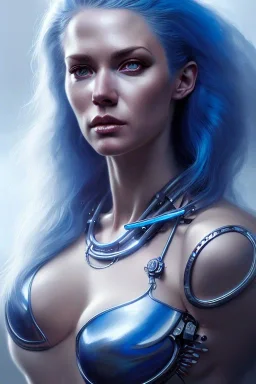 hiper realista, hiper detalhado, retrato de corpo inteiro, no estilo viking, de uma mulher incrivelmente bonita com implantes biônicos, cabelos azuis, olhos brilhantes, arte de greg rutkowski, artgerm, wlop, rossdraws, boris vallejo