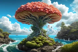 Creation: photorealistic exotic giant fungus and coral with tentacles floating down to a rocky shoreline, cliffs, and cloud trees
