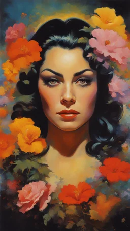 beautiful girl ,mugshot, Planet of the Vulcans, multicolored, large, floral designs, atmospheric, beautiful, oil painting by Frank Frazetta, 4k UHD, Photorealistic, professional quality