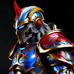 silver and crimson lightning Raijin knight, blue electric horns that sprout forwards, a silver mask that covers the lower face, golden highlights throughout the armour, electricity emitting from the armour as a lightning arch appears from the back, crimson hair appearing out of the helmet