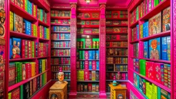 A magenta library with psychic books designed in Matryoshka dolls painted by Edward Hicks