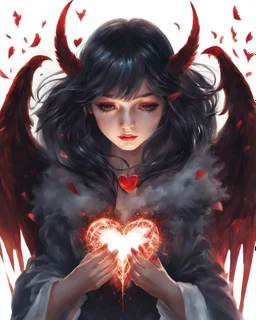 Wizard girl with a heart bleed in her hands, half demon and half angel, sparks around, macro photography,