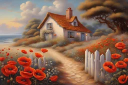 painting depicting a picturesque, richly detailed location, similar to the work of masters such as Josephine Wall or Tomasz Alen Kopera. A cozy, quaint white cottage with a gray shingled roof nestled among sandy dunes. A wooden fence encloses a charming garden blooming with colorful flowers like red poppies and white daisies in front of the house. The property features two gable-fronted dormers with windows, complementing white-framed windows adorned with lace curtains, and a sky-blue front door