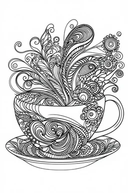 Outline art for coloring page, FULL PAGE EMPTY TEACUP GROOVY DESIGN, coloring page, white background, Sketch style, only use outline, clean line art, white background, no shadows, no shading, no color, clear