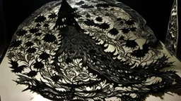 A black twisted moon designed in Javanese shadow puppets painted by Claude Monet