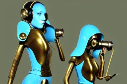 Golden to cyan surfaces body, latex. Tendril-mask-Synthesizer-proboscis. Partly armored proboscis. Coverage metallic headphones. Hot Russian military girls, trooping rebels. Old-fashioned cameras integrated to heads. Strange Steam-punk telephones! Dystopia perfect body. Red 4D-tiling. Partly symmetrical in relation to butt. Perfect golden ratio in all directions. Space-corruption. Steam-machines in 5th dimension. 3D-Tessellation. Antennas. Oppressive atmosphere. Soviet propaganda. Egyptian Nazi