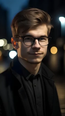 an young doctor man with black jacket, short size-part hair, hair is abundant and thick, hair hanging on one side, wearing glasses, cute, 4D, eyes look the camera, Evening office background photo