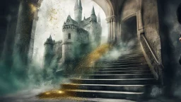 old canvas, layered, mixed media, embossed, double exposure, light watercolor, glitter, medium ground, depth of field, brightness, highlights, light effects, gothic woman portrait, gold shards, staircase, ancient castle, gray green fragments, fuzziness, layered, blending, textured, 3D, 8K, best quality, fine rendering, precise rendering, high detail, hyperrealism, high resolution, high definition, multilayered, pinpoint sharpness, hyperfocus, vignette, textured painting