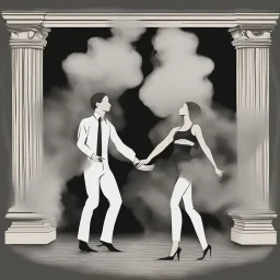 a dancing couple made of smoke, forming from a fireplace, thick smoke, puffy smoke