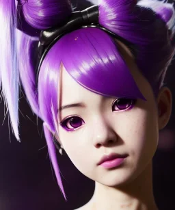 Detailed cute anime Kunoichi girl, purple hair buns, purple bangs, black latex bodysuit, intricate details, full body portrait, keep head in frame, slight smile, black Japanese motif, concept art, highly detailed, digital painting, concept art, sharp focus, illustration, art by Yoji Shinkawa, WLOP and greg rutkowski and alphonse mucha and artgerm and yanjun Chen and Junji ito and Makoto Shinkai, HDR, octane render