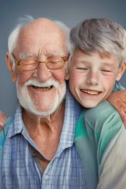 happy old man with son 9 years old boy