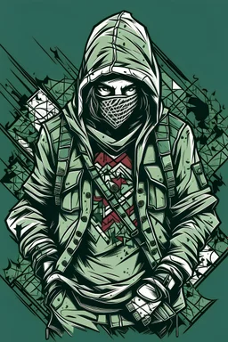 tattoo art, distressed image of Palestine Intifada soldier, use kafiyeh uniform, ready to fight, war, vector art, flat design, gloomy color,