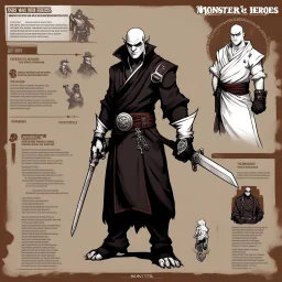 monster concept sheet with AD&D statistics and characteristics [wii No More Heroes style] Gangster-turned-Monk
