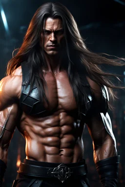 Muscular male enforcer with long hair. Photorealistic. 4k. Dark Fantasy