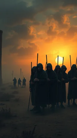 Bosch painting style nightmare , 3D ,a group of prisoners slave in black tied together in line in a dramatic misty scene of the sunset time in a stormy weather in the desert background, high Quality picture , 8k