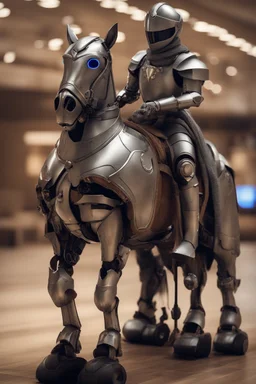 knight chat robot on horse in royal future hall ,shot on Hasselblad h6d-400c, zeiss prime lens, bokeh like f/0.8, tilt-shift lens 8k, high detail, smooth render, down-light, unreal engine, prize winning