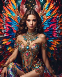 Gorgeous photography full body Beautiful super model Russian dressing Lady Angel colorful art conceptual, amazing artwork, hyper detailed, ultra maximalist quality, 12k , close-up portrait,crystal ornaments vbackground