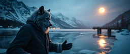 close up on a really old man werewolf ice skating by frozen bridge pond, huge mountains and moon reflecting on pond, goa psy ambient in the style of vangelis and fsol, source vibrations, bokeh like f/0.8, tilt-shift lens 8k, high detail, smooth render, down-light, unreal engine, prize winning