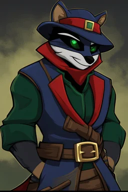 Make a Sly Cooper: Thieves in Time styled oc. He is a raccoon with sleek, charcoal-gray fur and emerald-green eyes. He has a sly and mischievous expression, with a black mask-like pattern around his eyes. He wears a tattered, dark blue bandit's outfit with a red sash and a feathered hat that adds to his roguish charm. He also sports a leather pouch at the base of his tail for carrying stolen treasures.