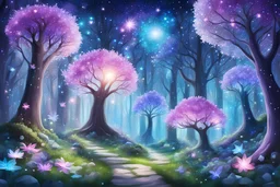 fairy forest with crystal flowers and coloured magic trees in the background a cosmic sky with bright stars and shine beam