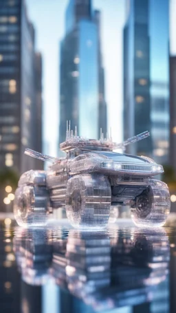 transparent crystal transformer car tanks standing on top above sky scrapers in fountain in the style of Escher, bokeh like f/0.8, tilt-shift lens 8k, high detail, smooth render, down-light, unreal engine, prize winning