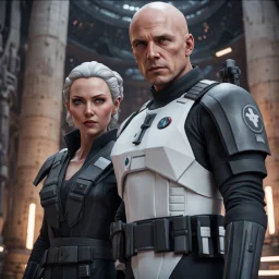 a bold and heroic bald male Corellian pilot in black and metallic grey First Order special forces gear meets a female Jedi Master in ancient, mystical temple, hyperdetailed, dynamic lighting, hyperdetailed background, 8k resolution, volumetric lighting, light skin, fully symmetric details