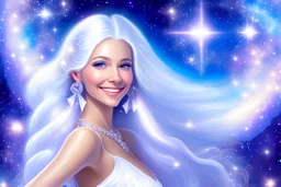 very beautiful cosmic women with white long hair, smiling, with cosmic silver dress and brightly earings. in the background there is a bautiful sky with stars and light beam