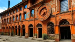 A salmon orange colored warehouse with mechanical gears designed in ancient Roman mosaics painted by Vincent van Gogh