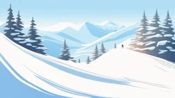 Fantasy cartoon style: view down the ski slope from the top of the hill, snow is sparkling, sun is shining