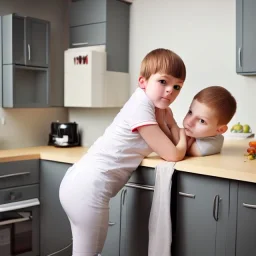 Realistic photo Russian shorthair beautiful tomboy boyish boylike young mother-in-future wide hips in kitchen