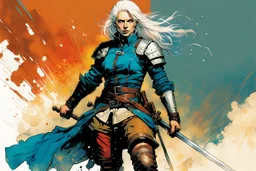 create an imaginative full body print illustration of an ethereal, otherworldly , pale female grandmaster Witcher with short flaxen hair wearing a tattered battle worn leather brigandine and boots , in the comic book art style of Bill Sienkiewicz, Mike Mignola, and Jean Giraud Moebius, with highly detailed feminine facial features , finely drawn, colored and inked,