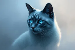 create a mystical Siamese cat with silvery blue and white fur, glowing blue eyes, sitting in soft fog, backlit with subtle moody light, painterly texture and dreamlike atmosphere, calm yet powerful presence --ar 3:2 --v 7 --style raw