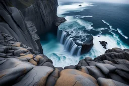 massive intimidating rock cliffs ascend all around and further up out of view. far below, the stormy ocean swirls intimidatingly. The ocean water falls off a waterfall down into a circular pit