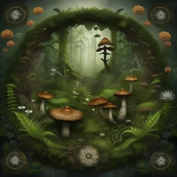 realistic image like a photo of mandala forest, muschrooms, ferns