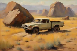 Mountains, sunny day, rocks, prairie, epic, toyota hilux landscapes advertising influence, willem maris, and auguste oleffe impressionism paintings