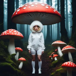 [glitched bloody acid trip] frightened, very cute, woman with big eyes, head enclosed in a giant mushroom-cap , wearing a full body mushroom symbiote-suit made of white mycelium and agent provocateur. Surrounded by several giant mushrooms shaped like women. In a dark spooky forest.