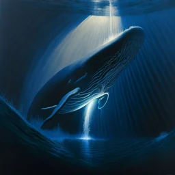 A dramatic, chiaroscuro-style acrylic painting of a powerful sperm whale hunting its prey in the depths of the ocean, with stark contrasts between light and shadow to emphasize the intensity and raw beauty of the scene