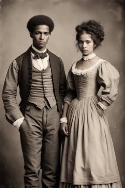 Mulatto siblings of older brother and younger sister in their thirties, dressed in simple 19th century clothing