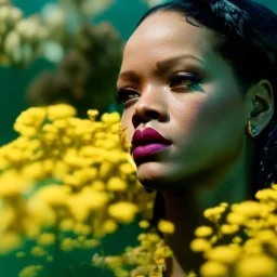 Rihanna as Tiana underwater with yellow flowers for hair, closed eyes, rtx, reflection, 8k, glow, winning photography, caustics