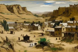 A brown Chinese village near badlands painted by Edouard Manet
