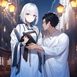 Girl with white hair wearing white robes. Boy with black hair wearing leather.