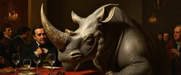 portrait painted by Rembrandt, stupid looking furry dragon rhino at banquet